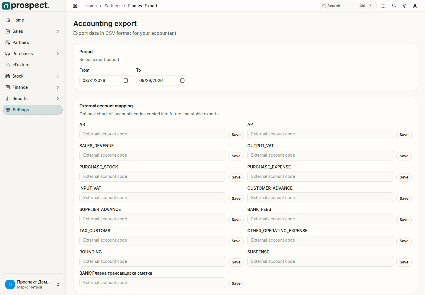 Accounting-export page with period, account mappings, control totals, generated batches, and download actions