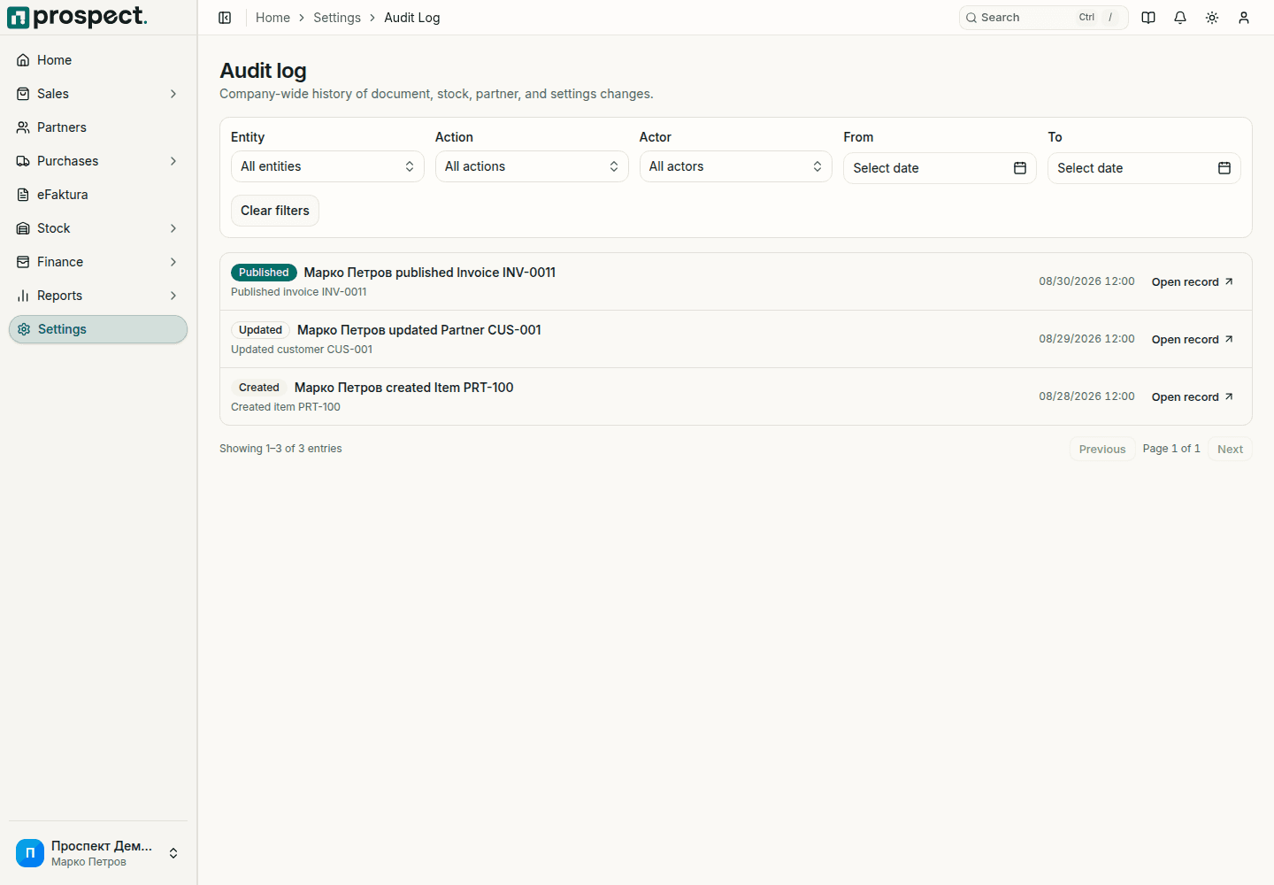 Populated activity log with actor, action, entity, date, and source record
