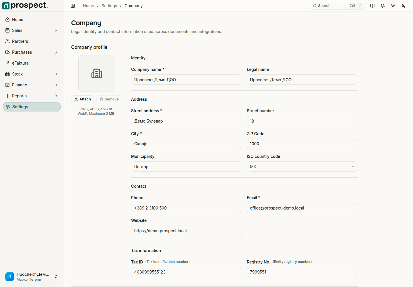 Prospect company settings with legal identity and contact fields