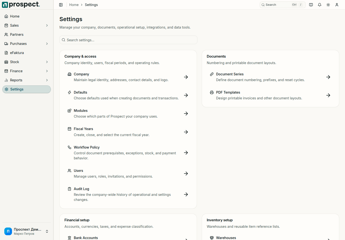 Prospect settings hub grouped into company, documents, finance, inventory, integrations, and data tools