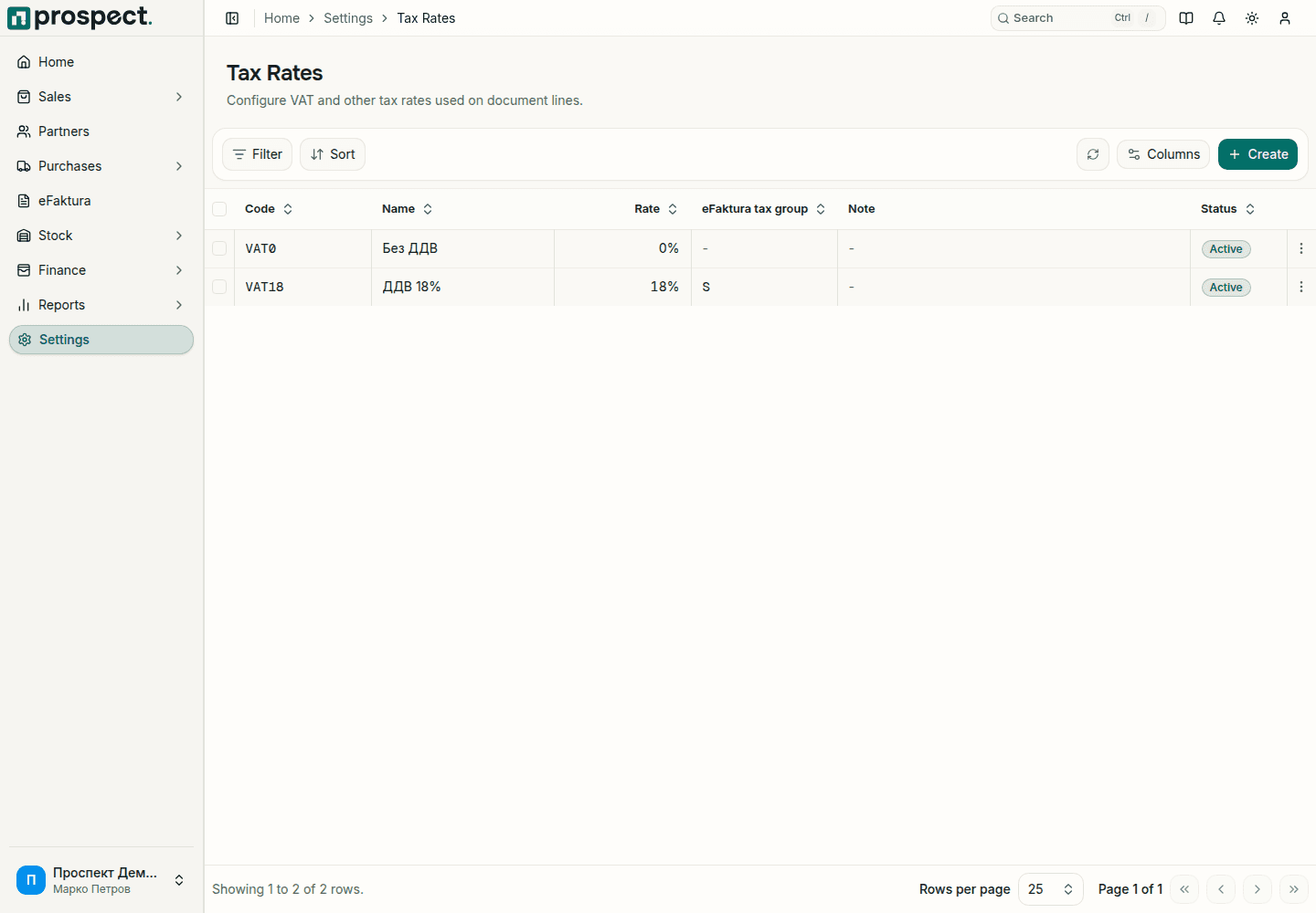 Tax rates list with code, name, rate, eFaktura tax group, note and status