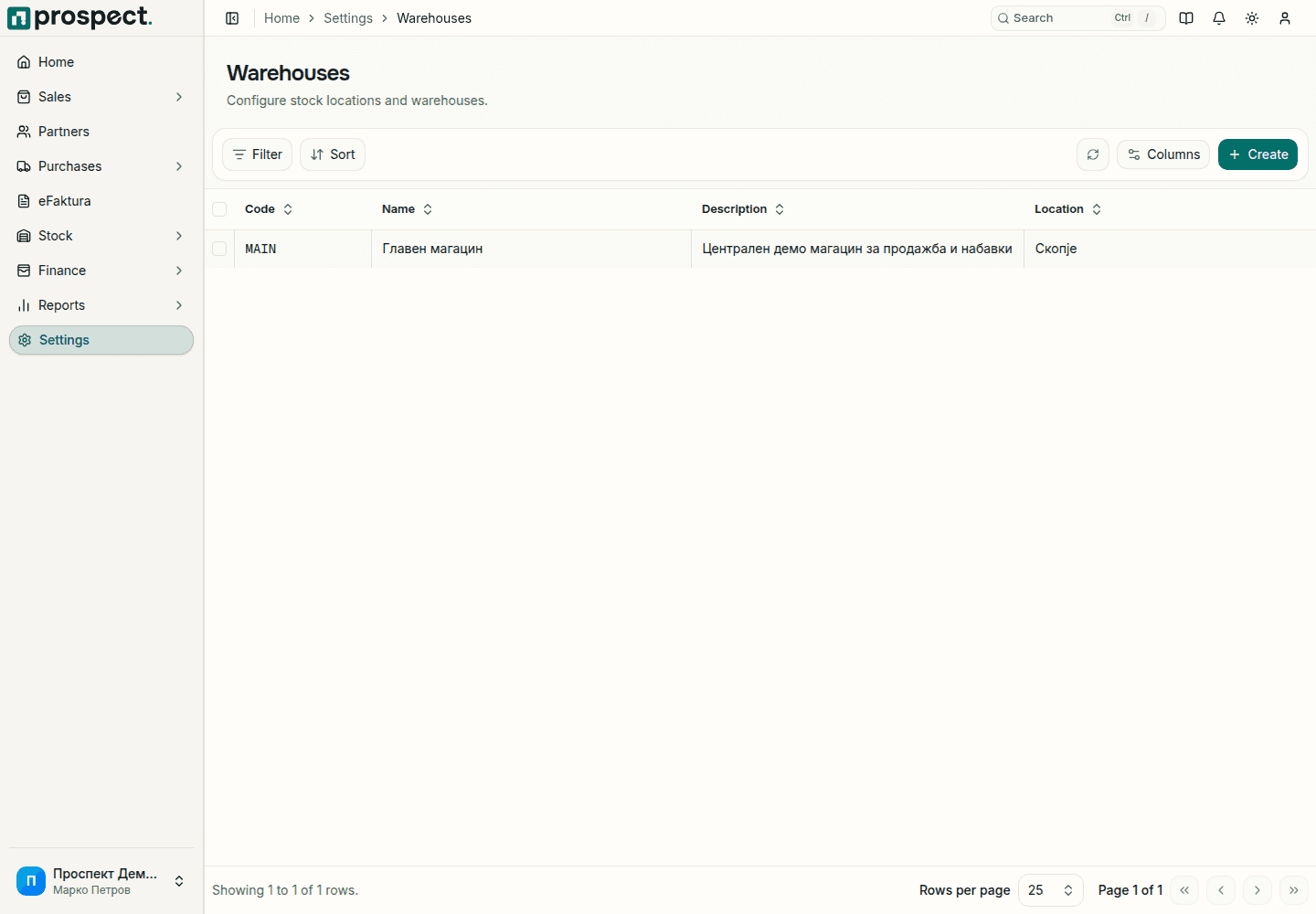 Warehouses list in Settings with code, name, description and location, and a Create button