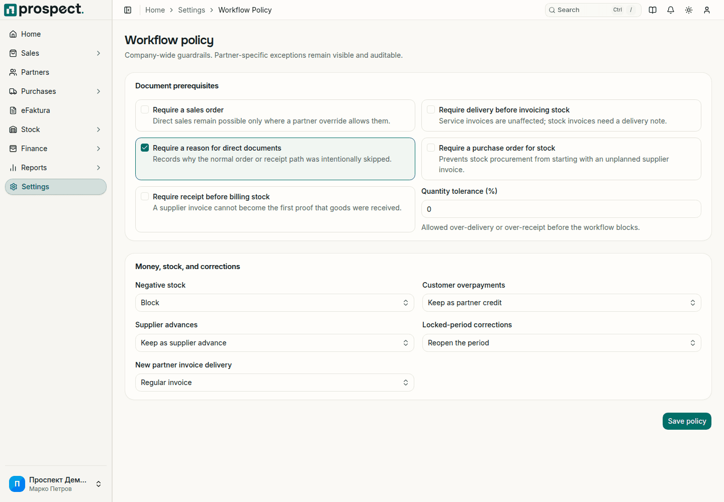 Workflow-policy settings for document prerequisites, quantity tolerance, stock, payments, periods, and delivery