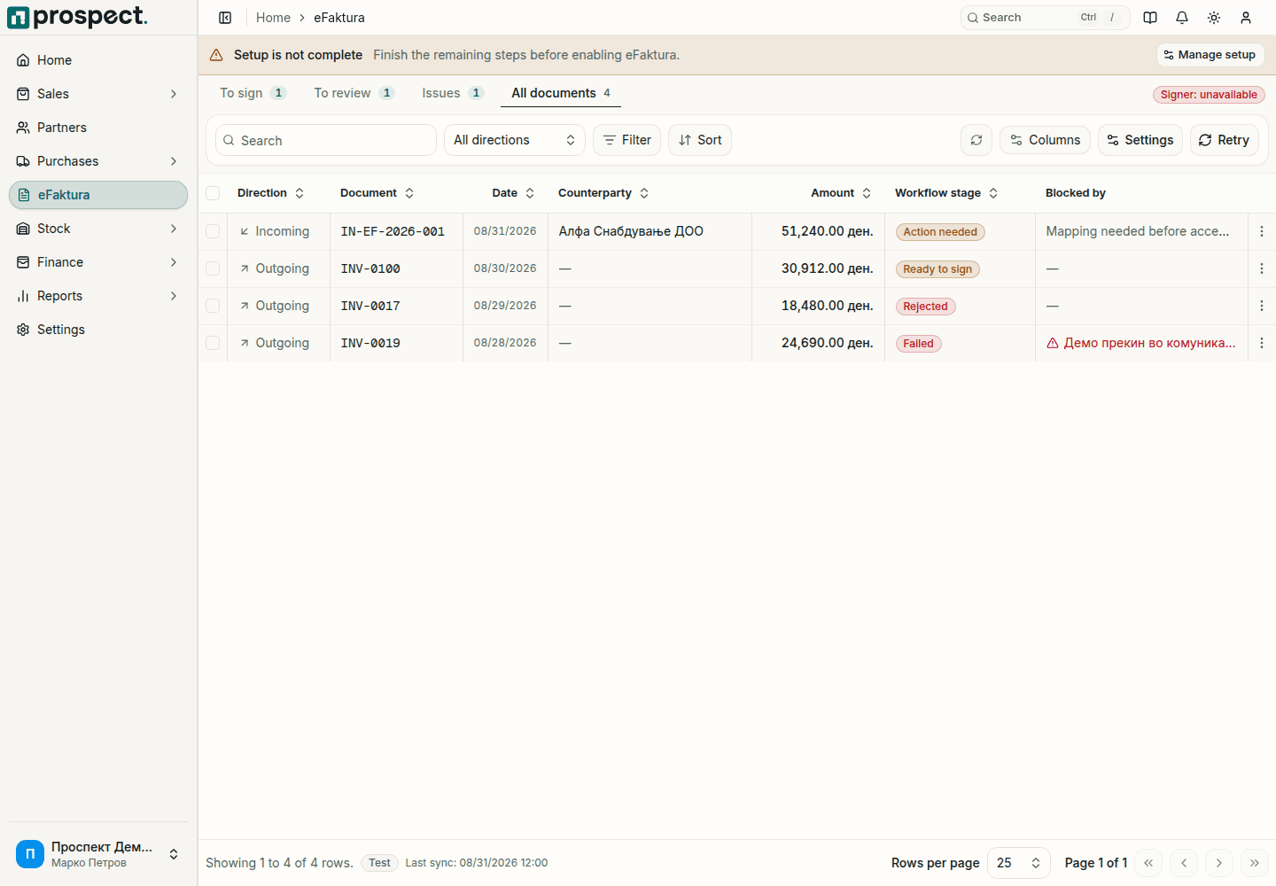 eFaktura workspace on the All documents tab listing one incoming and three outgoing documents with direction, document number, date, counterparty, amount, workflow stage and the Blocked by reason