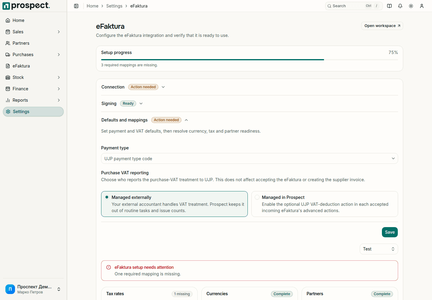eFaktura mapping workspace with reference values and mapping status
