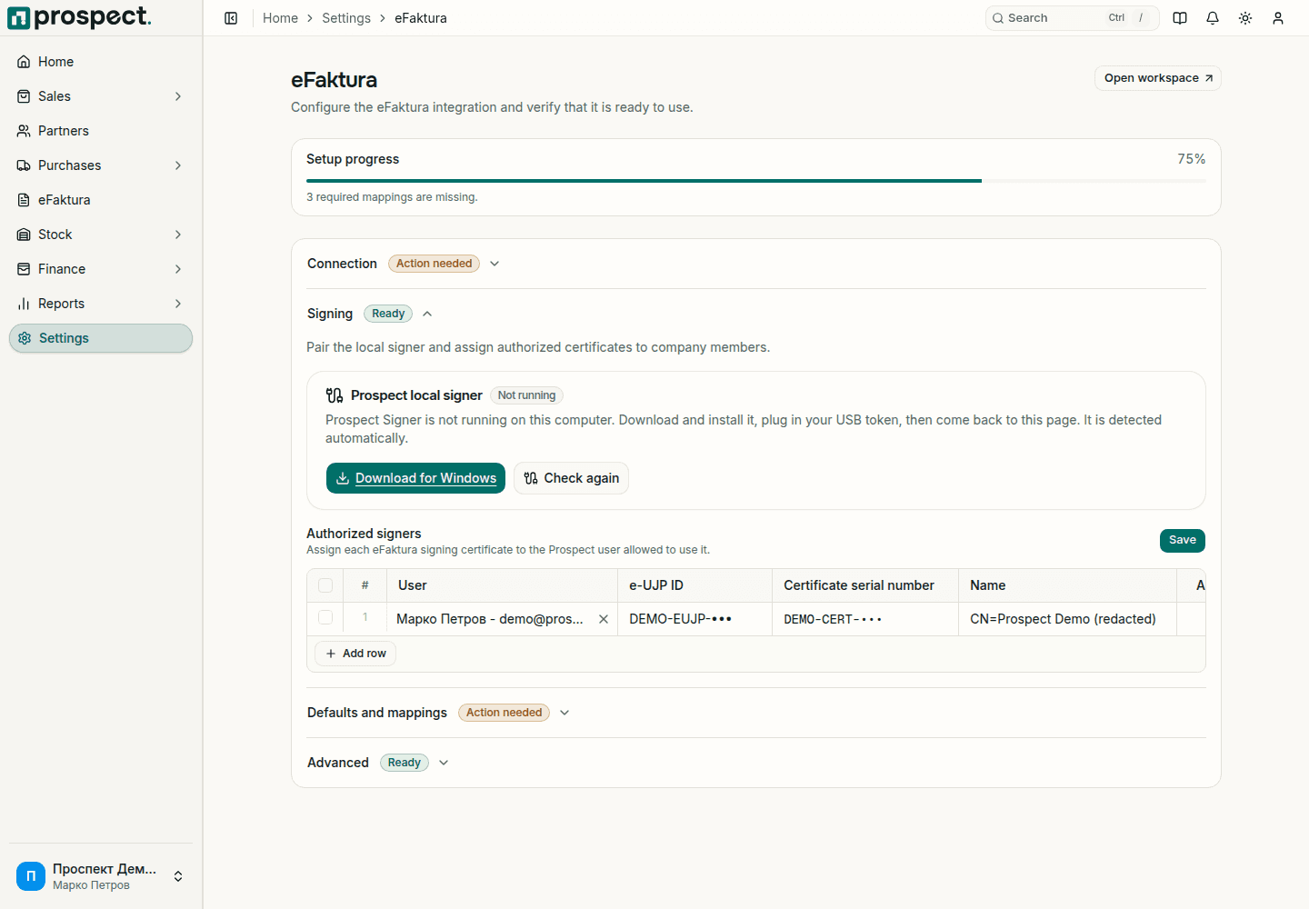 eFaktura settings with the Signing section open, the Prospect local signer card marked Not running, a Download for Windows button, and the authorized signers table