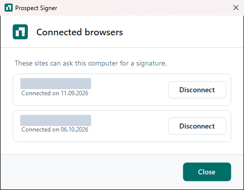 Connected browsers window listing two paired addresses with the date each was connected and a Disconnect button for each