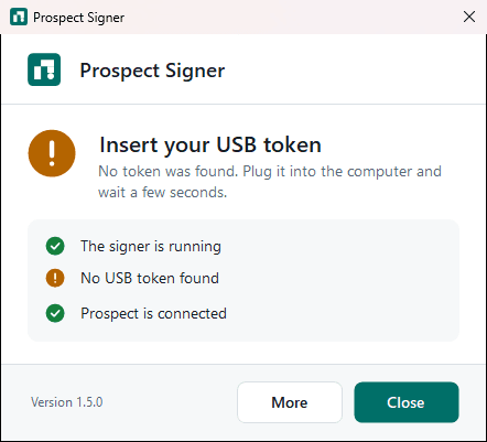 Prospect Signer window with the heading Insert your USB token and the check No USB token found marked in orange