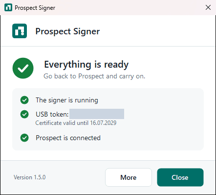 Prospect Signer window with the heading Everything is ready and three green checks for the signer, the USB token and the Prospect connection
