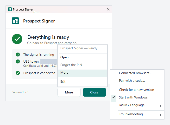Prospect Signer window with its menu open showing Open, Forget the PIN, More and Exit, and the More submenu with Connected browsers, Pair with a code, Check for a new version, Start with Windows, Language and Troubleshooting