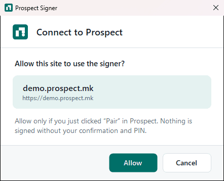 Prospect Signer window titled Connect to Prospect asking Allow this site to use the signer, with the address demo.prospect.mk and the buttons Allow and Cancel