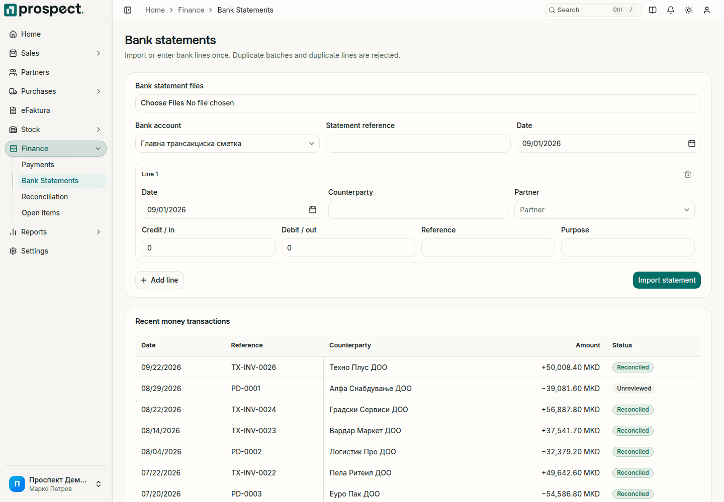 Bank statements page with a file chooser for bank statement files, bank account, statement reference and date, one line with date, counterparty, partner, credit, debit, reference and purpose, the Add line and Import statement buttons, and a table of recent money transactions