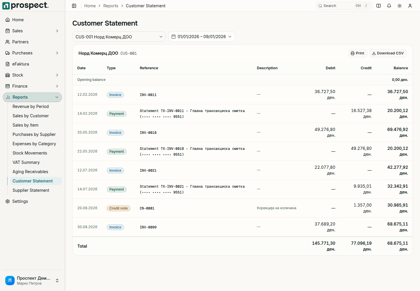 Populated customer statement with dated debit, credit, allocation, and running-balance rows