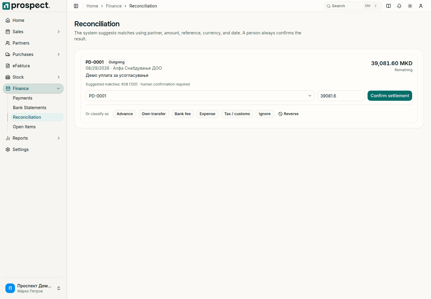 Reconciliation workspace in Prospect with an imported bank line, suggested partner, open items and allocation controls