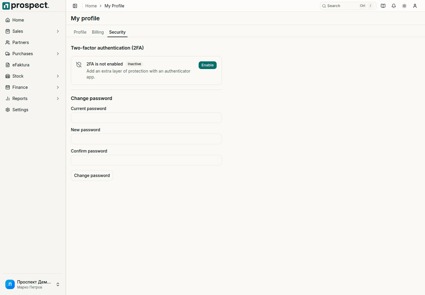 Security tab of My profile with the two-factor authentication status and Enable button, and the change password form with current, new and confirm password
