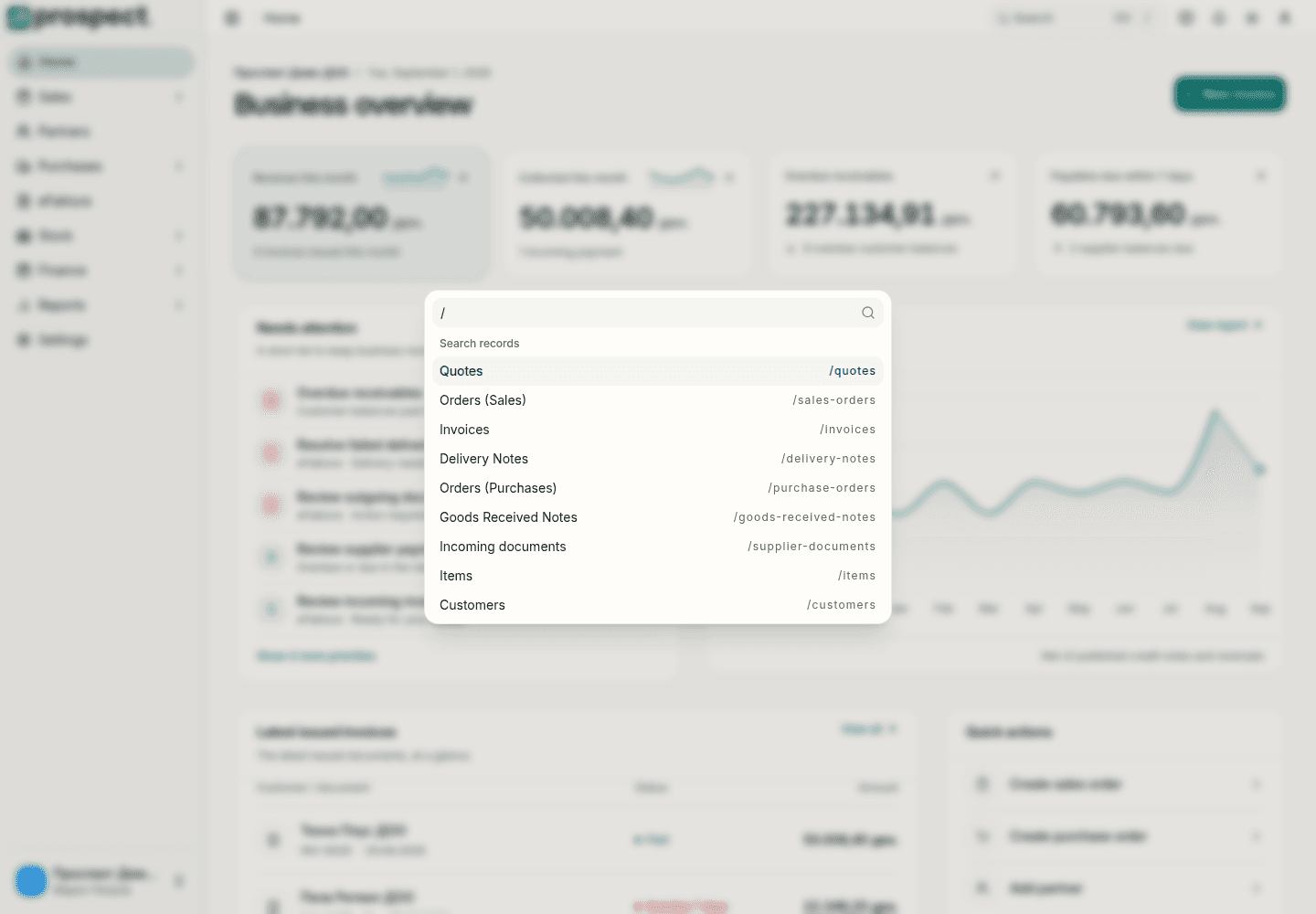 Global search window over the dashboard, listing the record types that can be searched with their slash shortcuts, such as quotes, orders, invoices, delivery notes, items and customers