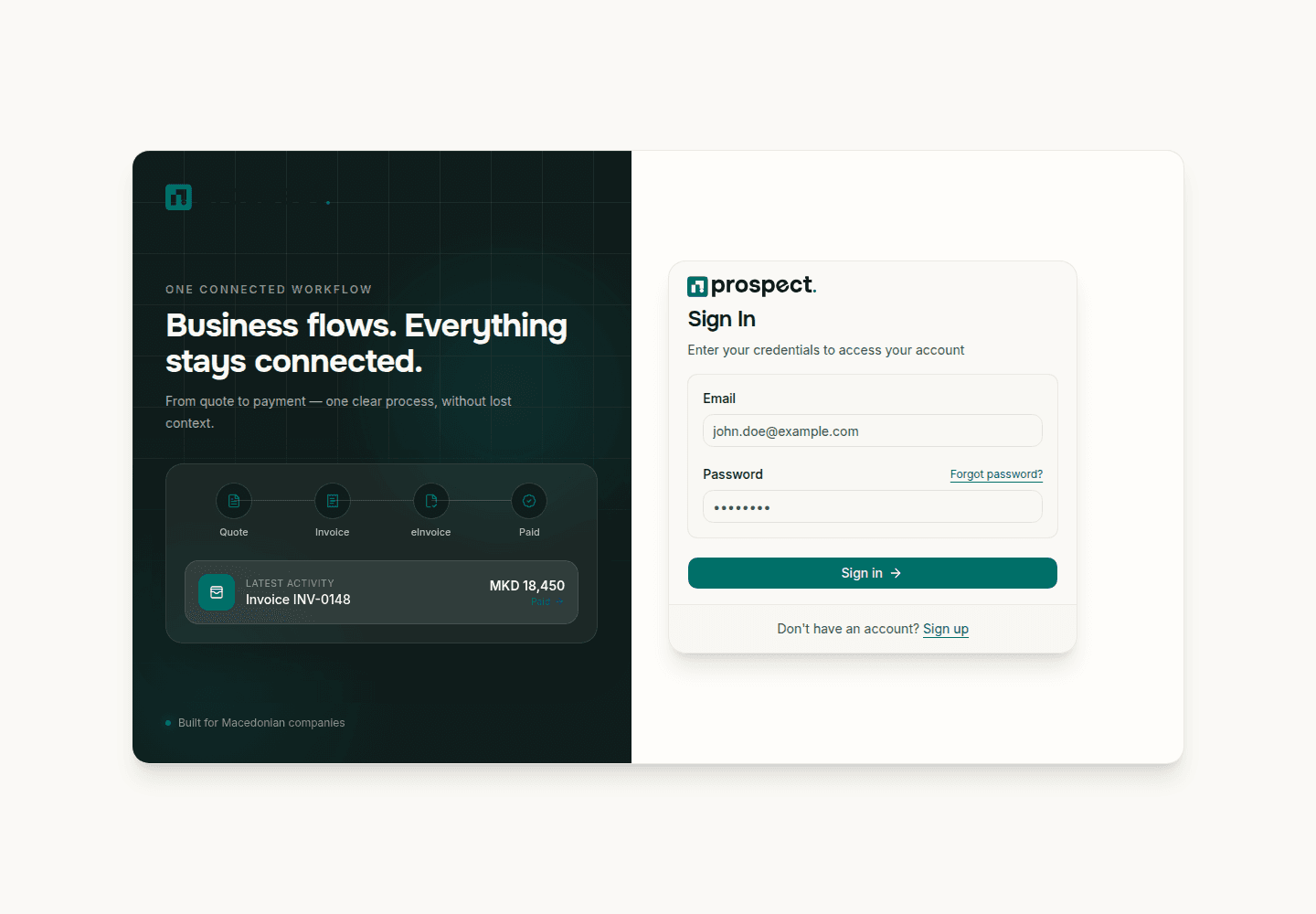 Prospect sign-in page with email and password fields