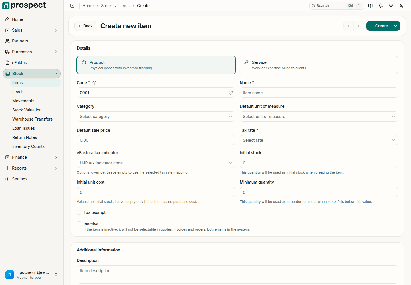 New item form with the Product and Service types, code, name, category, default unit of measure, default sale price, tax rate, eFaktura tax indicator, initial stock, initial unit cost, minimum quantity, and the Tax exempt and Inactive options