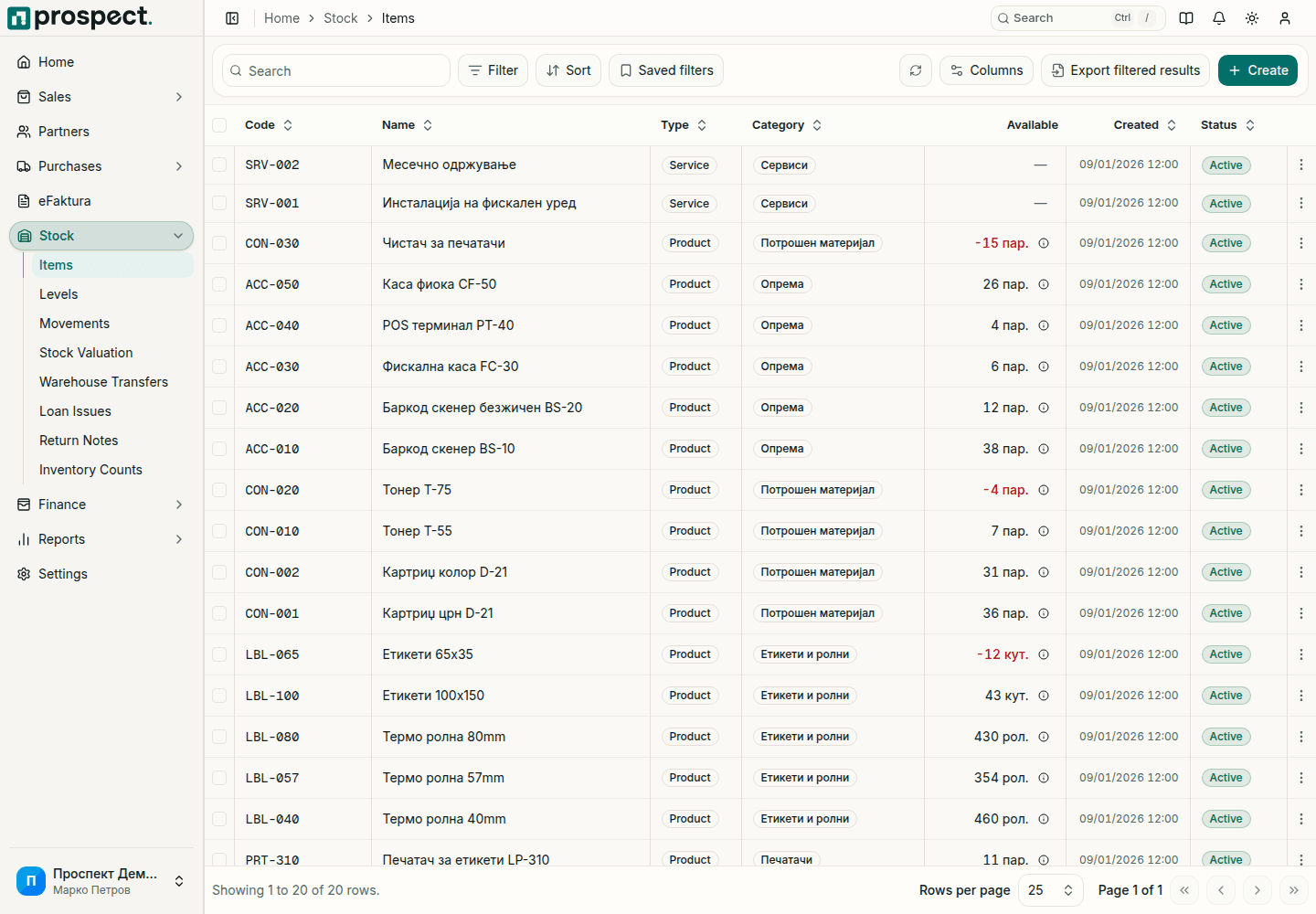 Prospect item list with product and service types, codes, prices, categories, and status