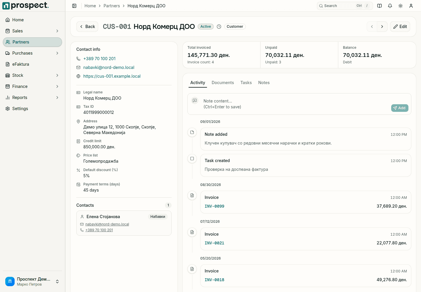 Customer detail with contacts, notes, tasks, documents, balances, and activity tabs
