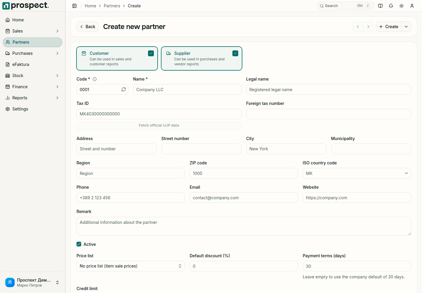 New partner form with the Customer and Supplier roles, code, name, legal name, tax ID with a button to fetch official UJP data, address, contact details, remark, active state, price list, default discount and payment terms
