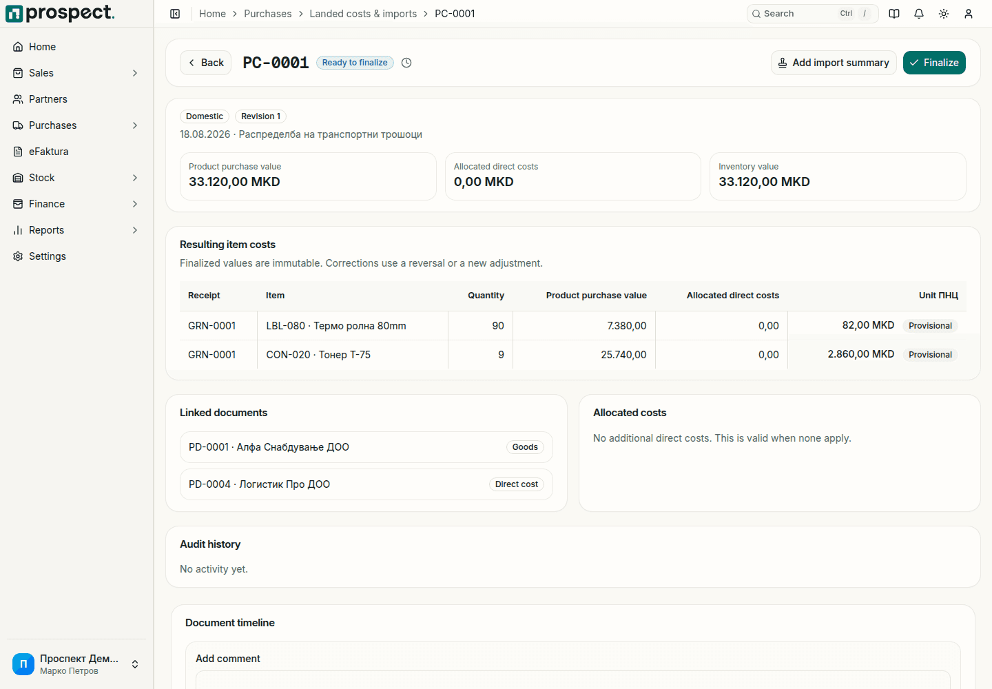 Purchase-costing workspace with cost components, allocation method, receipt lines, and review totals