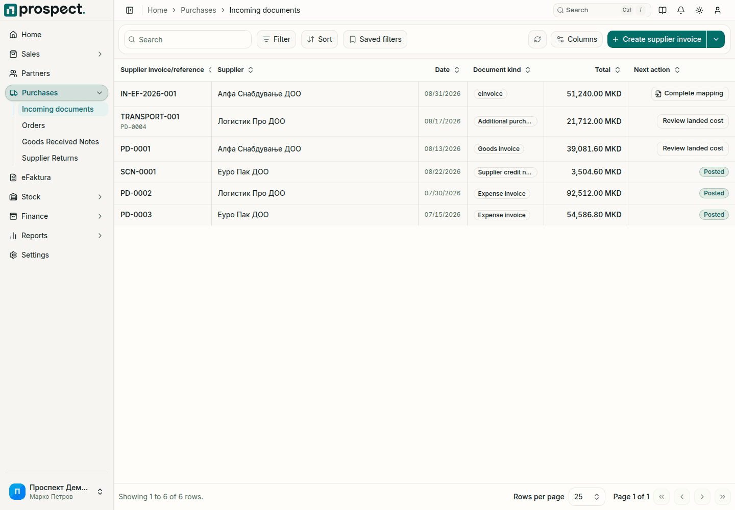 Supplier document list in Prospect with supplier, type, reference, status, date and amount