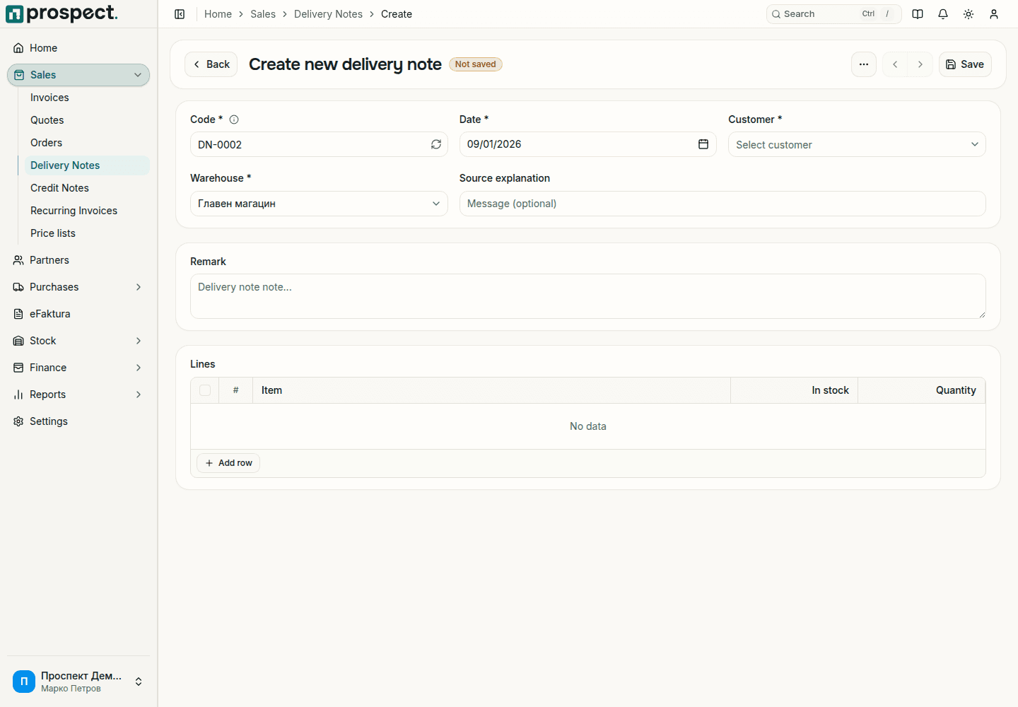 New delivery note form with code, date, customer, warehouse, source explanation, remark and a lines table with In stock and Quantity columns