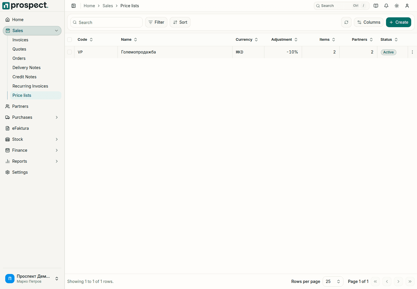 Price list table with code, name, currency, adjustment percentage, number of items, number of partners and status