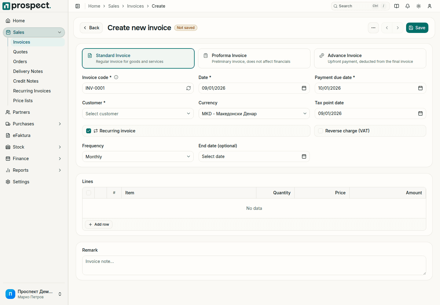 New invoice form with the Recurring invoice option ticked and the Frequency and End date fields shown below it