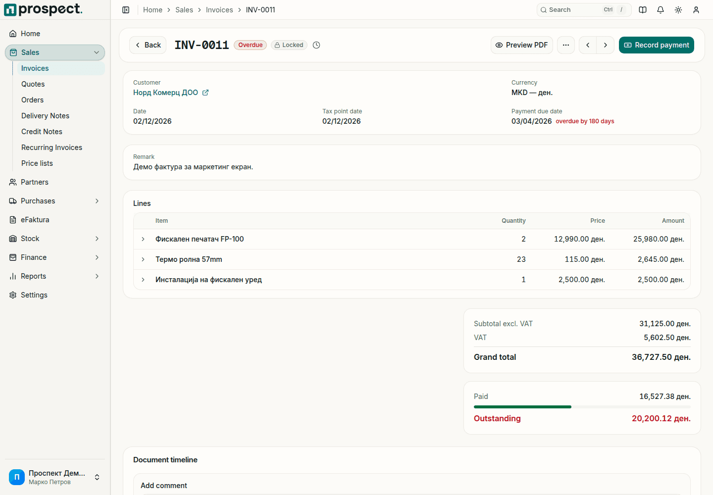 Invoice INV-0011 with status Overdue and Locked, customer, dates with the number of days overdue, three lines, totals, the paid and remaining amounts, and the Preview PDF and Record payment buttons