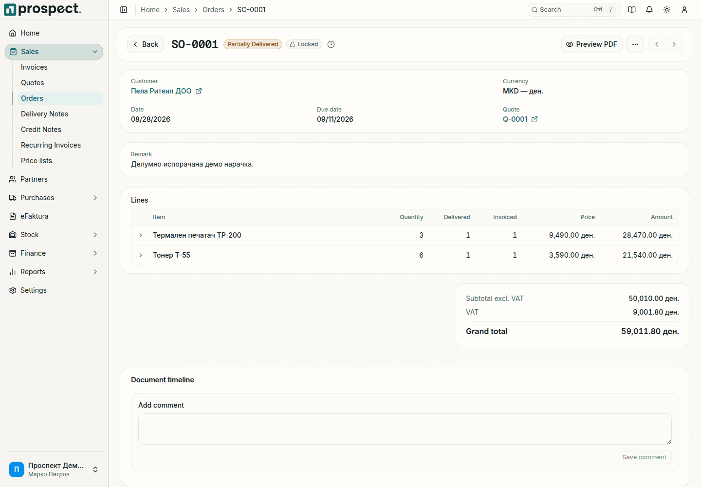 Sales order SO-0001 with status Partially Delivered and Locked, customer, date, due date, linked quote, and lines with Quantity, Delivered and Invoiced columns