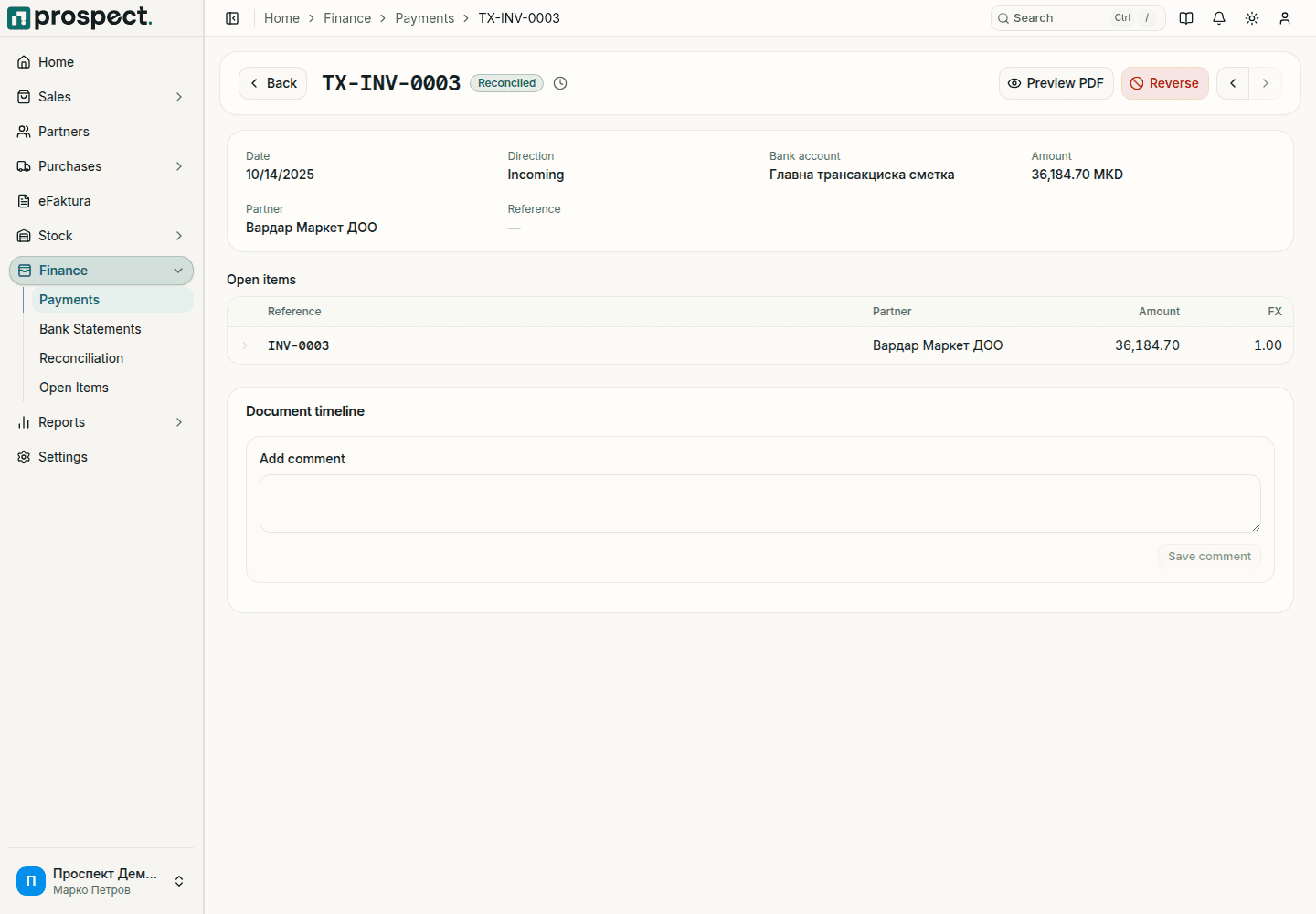 Payment TX-INV-0003 with status Reconciled, date, direction, bank account, amount and partner, the open item INV-0003 it settles, and the Preview PDF and Reverse buttons