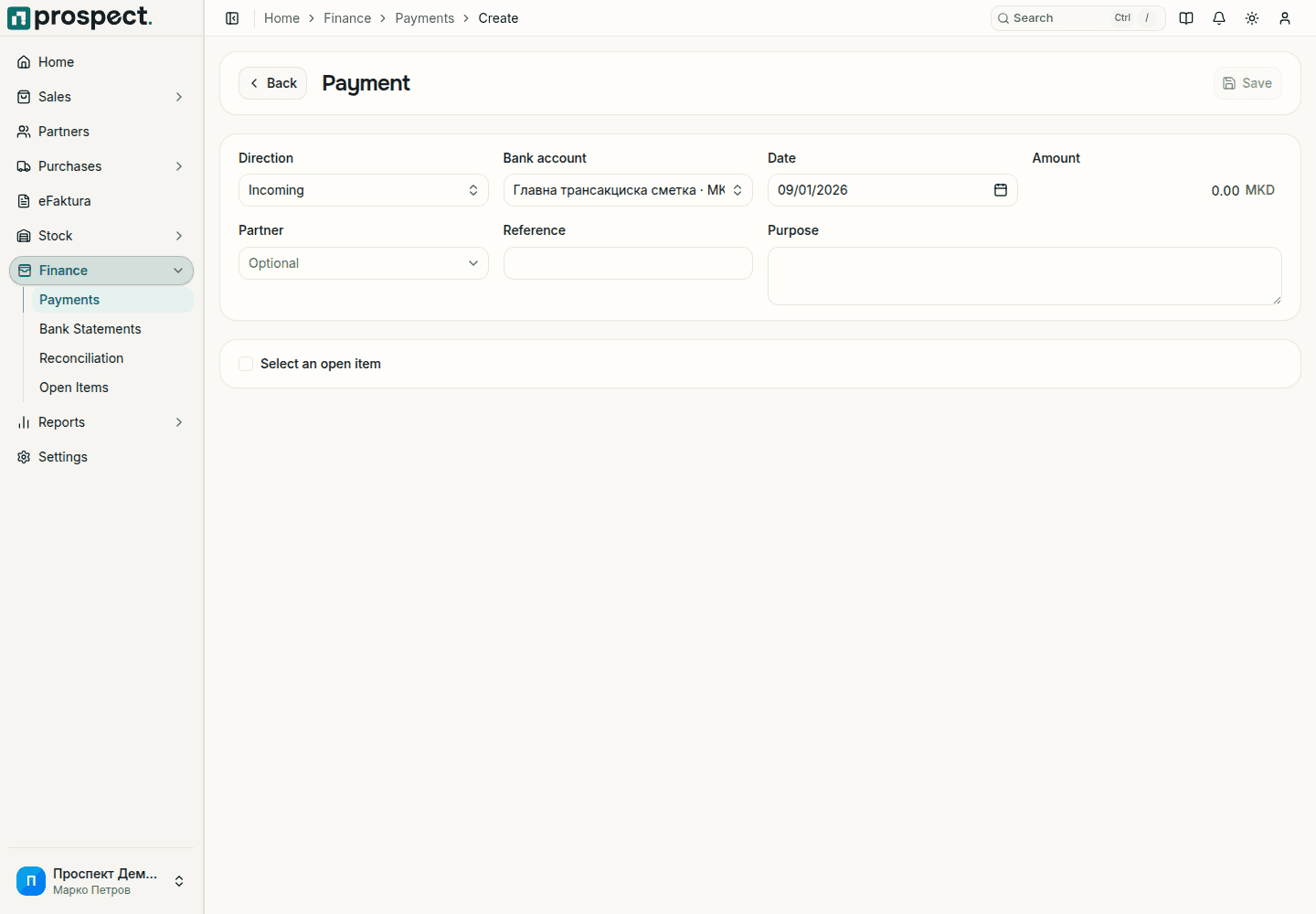 New payment form with direction, bank account, date, amount, optional partner, reference, purpose and the Select an open item option