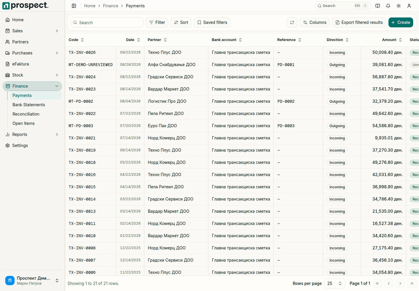 Payments list with code, date, partner, bank account, reference, direction, amount and status columns, and Filter, Sort, Saved filters, Columns, Export and Create buttons